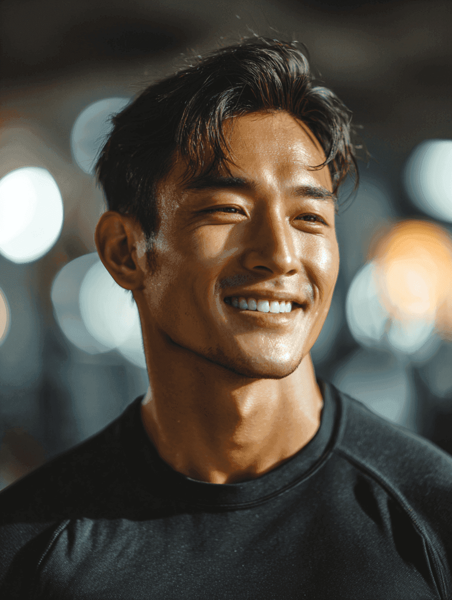 A man in a black shirt smiles warmly, standing in front of a softly blurred background with circular lights, conveying a friendly and relaxed mood.