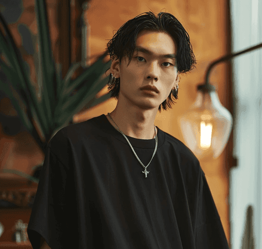 Young man with dark, wet-look hair, wears a black shirt and cross necklace. He stands in a warmly lit room with plants and an industrial lamp.